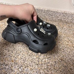 Black Clog Sandals with Pearl and Gem Accents